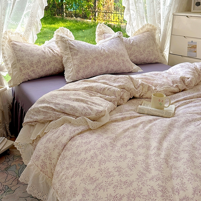 91家纺网 家纺一手货源 找家纺 仟网汇 2025新款皱皱纱花边床裙四件套多功能夏被夏凉被空调被四件套四季通用 风信紫