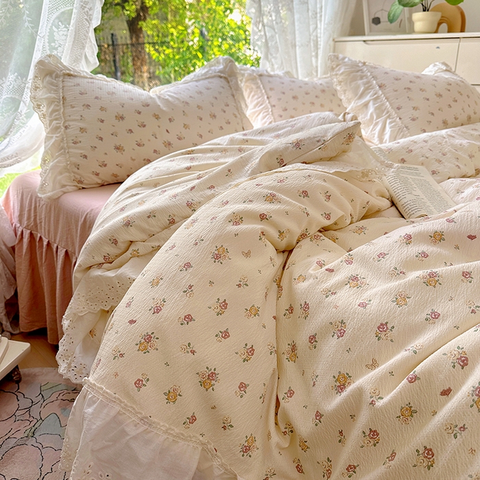 91家纺网 家纺一手货源 找家纺 仟网汇 2025新款皱皱纱花边床裙四件套多功能夏被夏凉被空调被四件套四季通用 小春日和