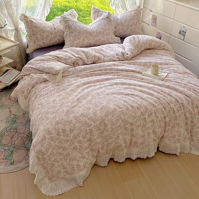 91家纺网 家纺一手货源 找家纺 仟网汇 2025新款皱皱纱花边床裙四件套多功能夏被夏凉被空调被四件套四季通用 风信紫