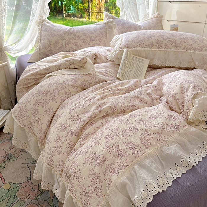 91家纺网 家纺一手货源 找家纺 仟网汇 2025新款皱皱纱花边床裙四件套多功能夏被夏凉被空调被四件套四季通用 风信紫