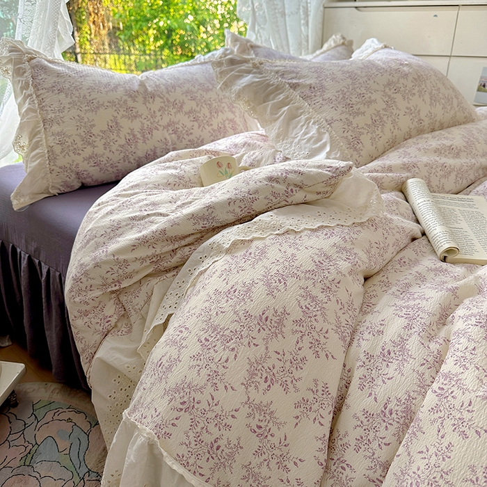 91家纺网 家纺一手货源 找家纺 仟网汇 2025新款皱皱纱花边床裙四件套多功能夏被夏凉被空调被四件套四季通用 风信紫