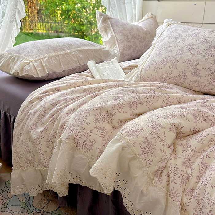 91家纺网 家纺一手货源 找家纺 仟网汇 2025新款皱皱纱花边床裙四件套多功能夏被夏凉被空调被四件套四季通用 风信紫