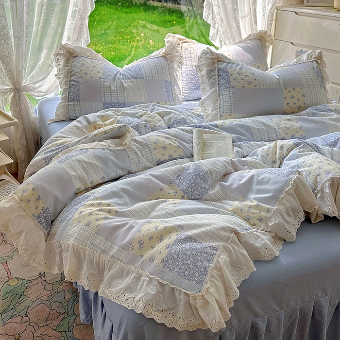 91家纺网 家纺一手货源 找家纺 仟网汇 2025新款皱皱纱花边床裙四件套多功能夏被夏凉被空调被四件套四季通用 奶蓝方块