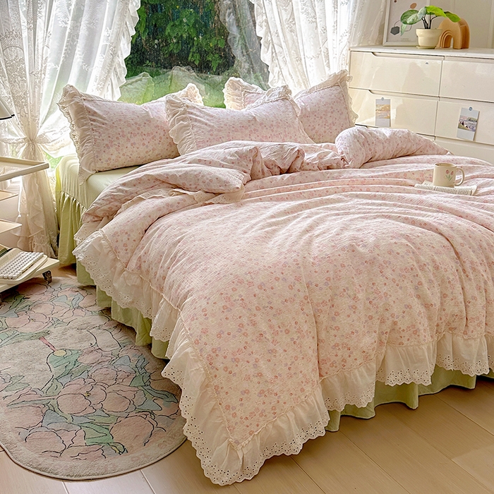 91家纺网 家纺一手货源 找家纺 仟网汇 2025新款皱皱纱花边床裙四件套多功能夏被夏凉被空调被四件套四季通用 桃花灼灼