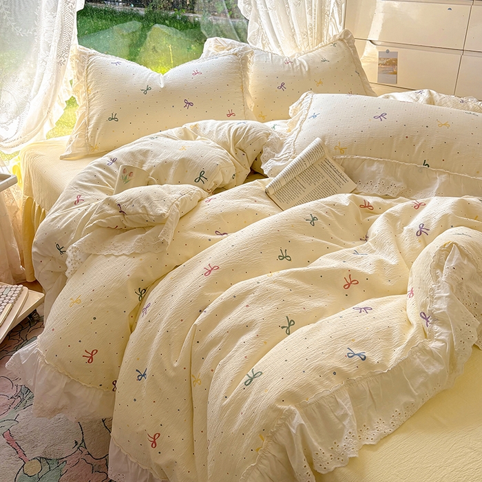 91家纺网 家纺一手货源 找家纺 仟网汇 2025新款皱皱纱花边床裙四件套多功能夏被夏凉被空调被四件套四季通用 芝士泡芙