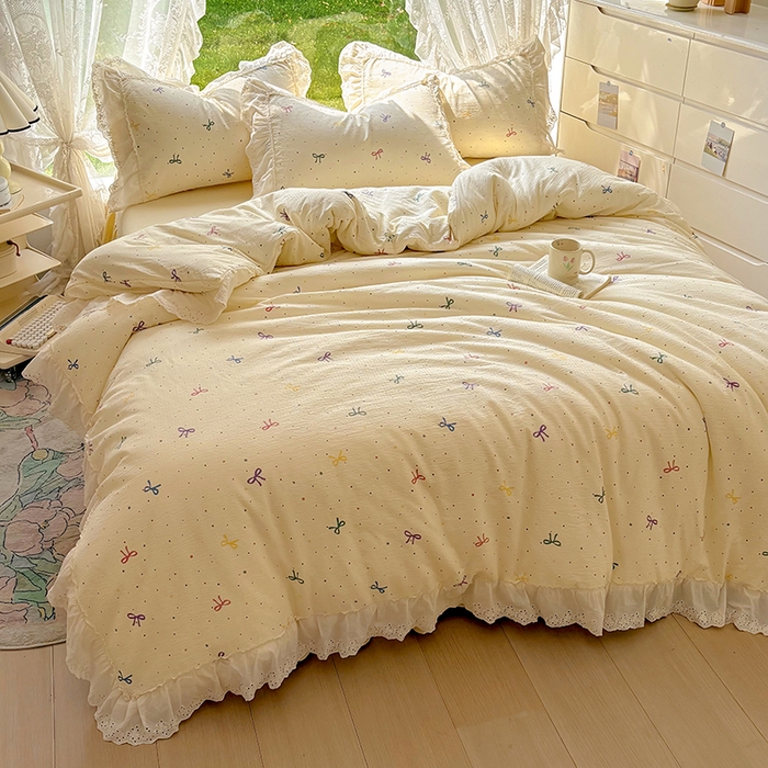 91家纺网 家纺一手货源 找家纺 仟网汇 2025新款皱皱纱花边床裙四件套多功能夏被夏凉被空调被四件套四季通用 芝士泡芙