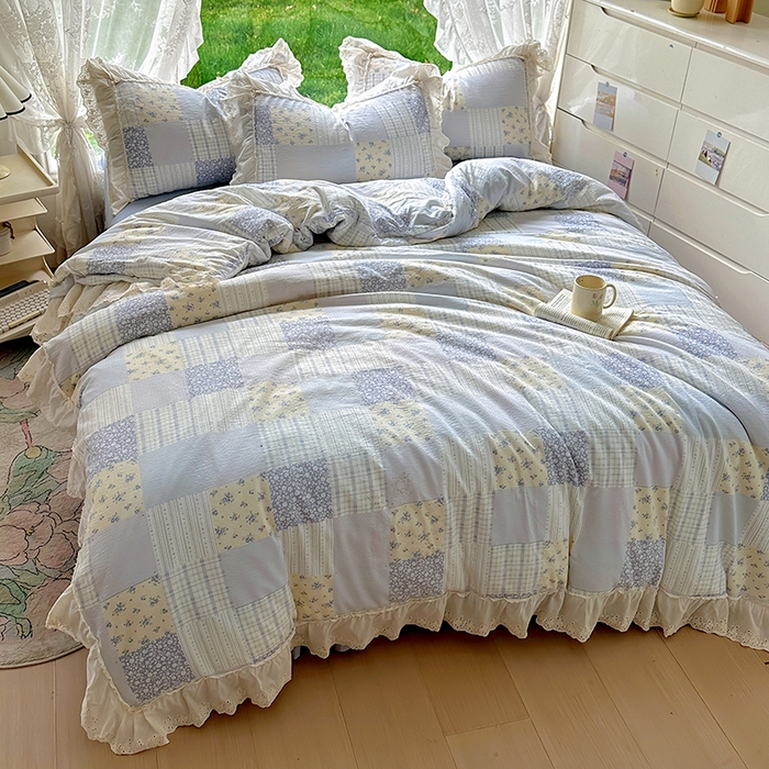 91家纺网 家纺一手货源 找家纺 仟网汇 2025新款皱皱纱花边床裙四件套多功能夏被夏凉被空调被四件套四季通用 奶蓝方块