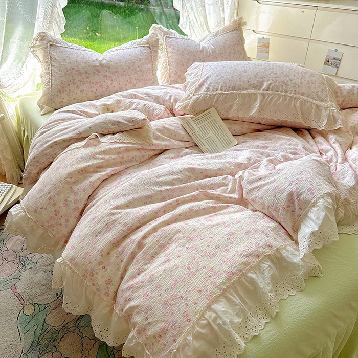 91家纺网 家纺一手货源 找家纺 仟网汇 2025新款皱皱纱花边床裙四件套多功能夏被夏凉被空调被四件套四季通用 桃花灼灼