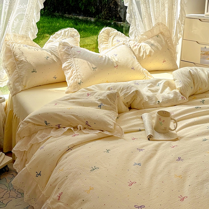 91家纺网 家纺一手货源 找家纺 仟网汇 2025新款皱皱纱花边床裙四件套多功能夏被夏凉被空调被四件套四季通用 芝士泡芙