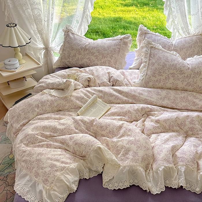 91家纺网 家纺一手货源 找家纺 仟网汇 2025新款皱皱纱花边床裙四件套多功能夏被夏凉被空调被四件套四季通用 风信紫