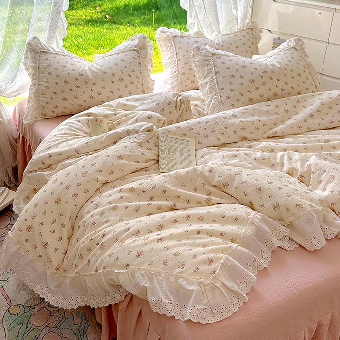 91家纺网 家纺一手货源 找家纺 仟网汇 2025新款皱皱纱花边床裙四件套多功能夏被夏凉被空调被四件套四季通用 小春日和