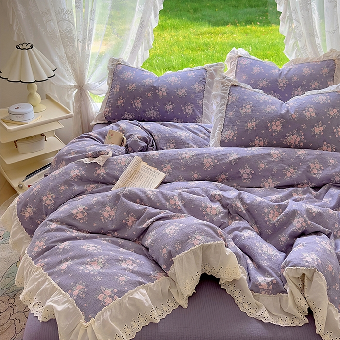 91家纺网 家纺一手货源 找家纺 仟网汇 2025新款皱皱纱花边床裙四件套多功能夏被夏凉被空调被四件套四季通用 丁香紫