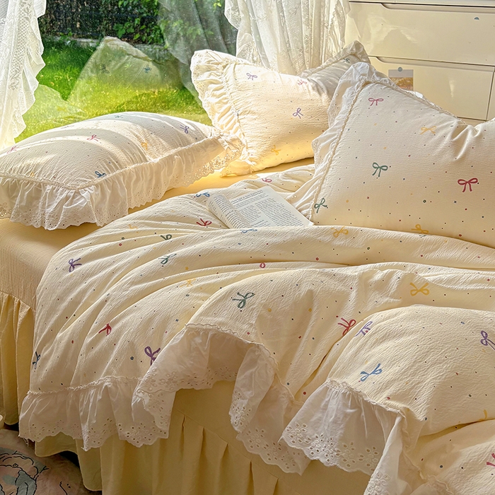 91家纺网 家纺一手货源 找家纺 仟网汇 2025新款皱皱纱花边床裙四件套多功能夏被夏凉被空调被四件套四季通用 芝士泡芙