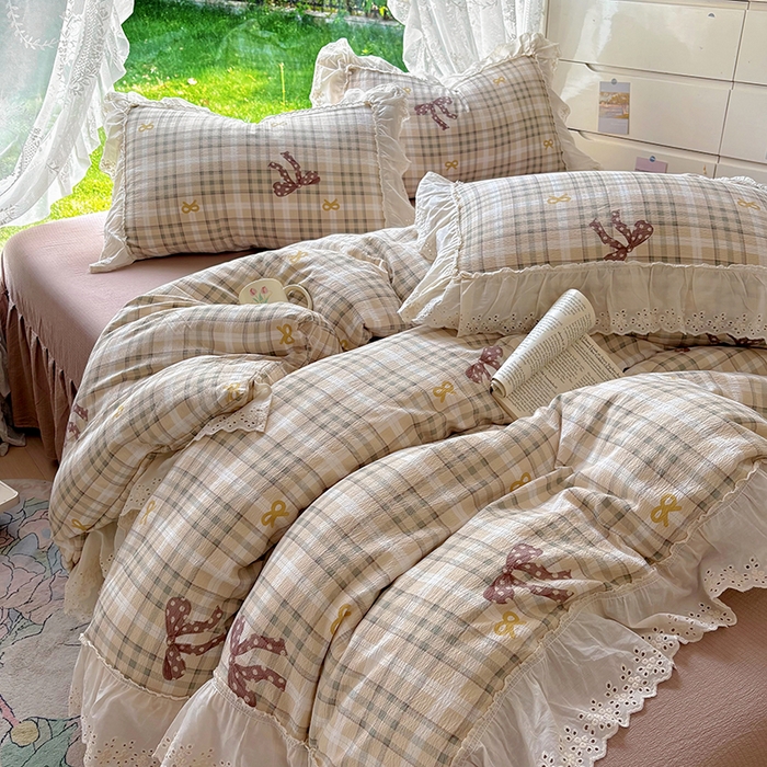 91家纺网 家纺一手货源 找家纺 仟网汇 2025新款皱皱纱花边床裙四件套多功能夏被夏凉被空调被四件套四季通用 可可甜心