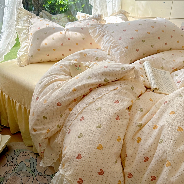 仟网汇 2025新款皱皱纱花边床裙四件套多功能夏被夏凉被空调被四件套四季通用 心心相印