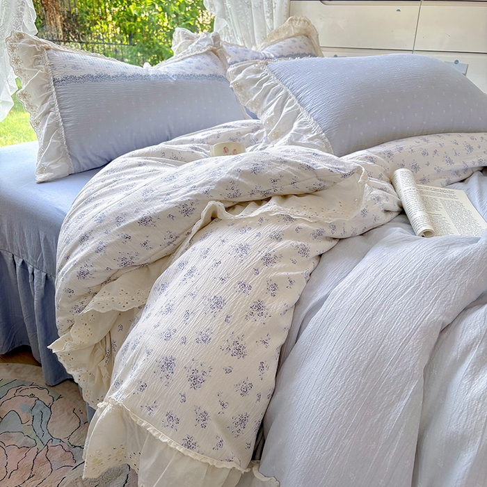 仟网汇 2025新款皱皱纱花边床裙四件套多功能夏被夏凉被空调被四件套四季通用 幽蓝