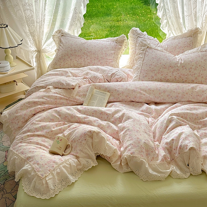 91家纺网 家纺一手货源 找家纺 仟网汇 2025新款皱皱纱花边床裙四件套多功能夏被夏凉被空调被四件套四季通用 桃花灼灼