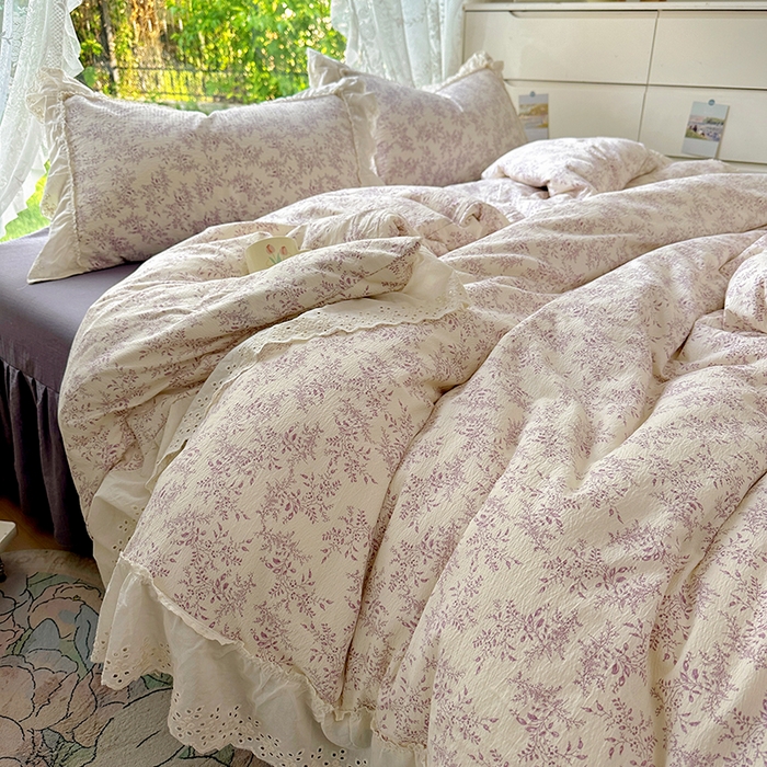 91家纺网 家纺一手货源 找家纺 仟网汇 2025新款皱皱纱花边床裙四件套多功能夏被夏凉被空调被四件套四季通用 风信紫