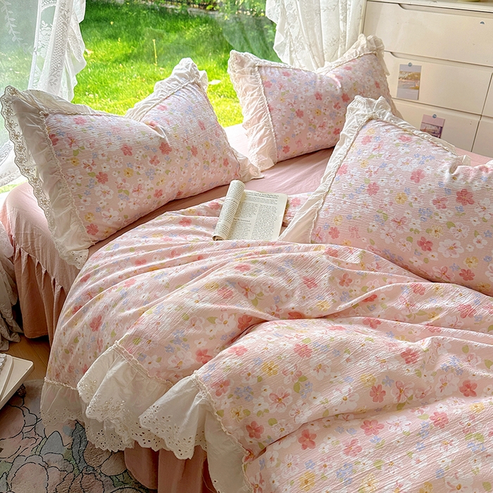 91家纺网 家纺一手货源 找家纺 仟网汇 2025新款皱皱纱花边床裙四件套多功能夏被夏凉被空调被四件套四季通用 蔷薇恋人