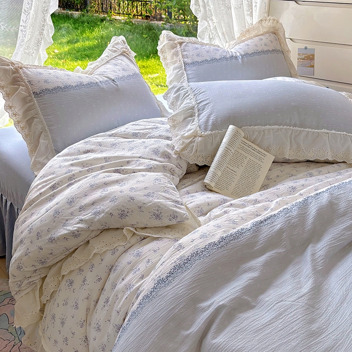 91家纺网 家纺一手货源 找家纺 仟网汇 2025新款皱皱纱花边床裙四件套多功能夏被夏凉被空调被四件套四季通用 幽蓝