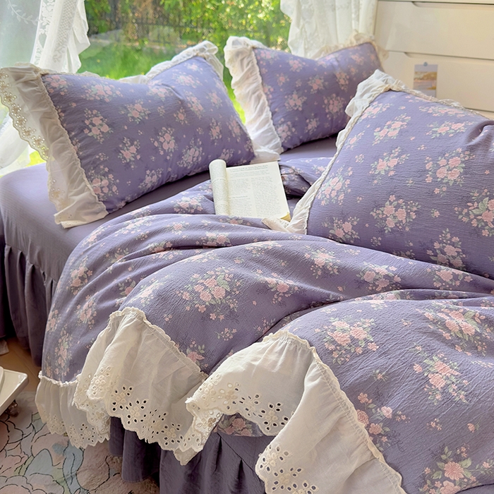 91家纺网 家纺一手货源 找家纺 仟网汇 2025新款皱皱纱花边床裙四件套多功能夏被夏凉被空调被四件套四季通用 丁香紫