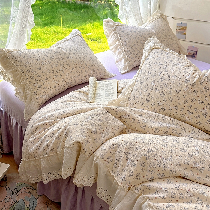 91家纺网 家纺一手货源 找家纺 仟网汇 2025新款皱皱纱花边床裙四件套多功能夏被夏凉被空调被四件套四季通用 花丛兔