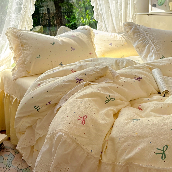 91家纺网 家纺一手货源 找家纺 仟网汇 2025新款皱皱纱花边床裙四件套多功能夏被夏凉被空调被四件套四季通用 芝士泡芙