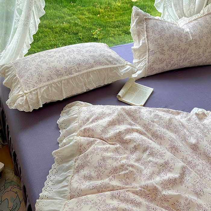 91家纺网 家纺一手货源 找家纺 仟网汇 2025新款皱皱纱花边床裙四件套多功能夏被夏凉被空调被四件套四季通用 风信紫