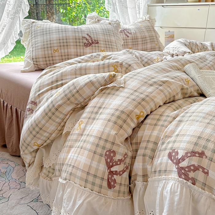 91家纺网 家纺一手货源 找家纺 仟网汇 2025新款皱皱纱花边床裙四件套多功能夏被夏凉被空调被四件套四季通用 可可甜心