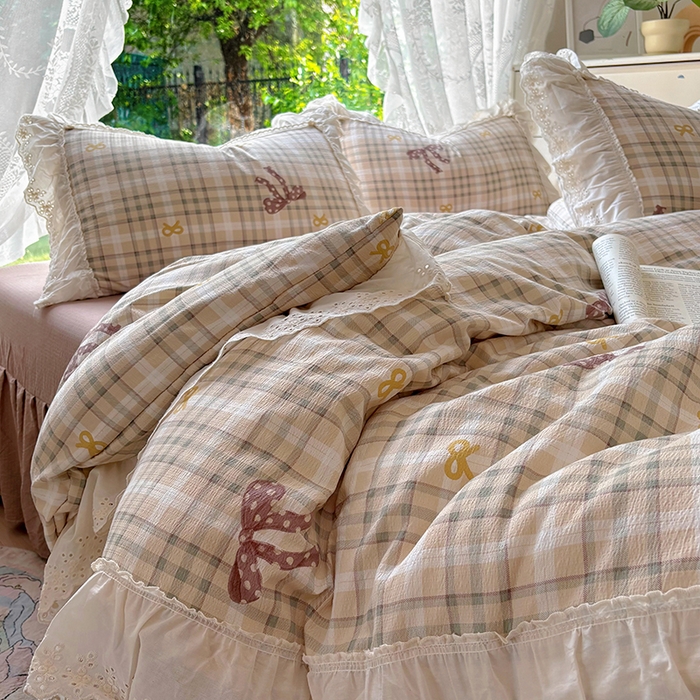 91家纺网 家纺一手货源 找家纺 仟网汇 2025新款皱皱纱花边床裙四件套多功能夏被夏凉被空调被四件套四季通用 可可甜心