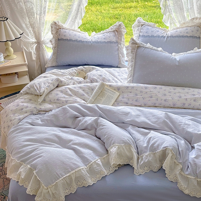 91家纺网 家纺一手货源 找家纺 仟网汇 2025新款皱皱纱花边床裙四件套多功能夏被夏凉被空调被四件套四季通用 幽蓝