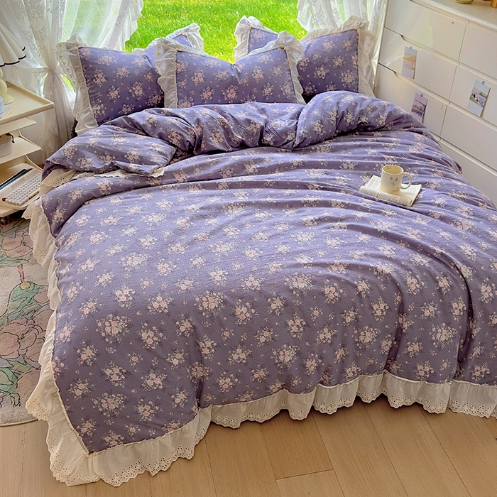 91家纺网 家纺一手货源 找家纺 仟网汇 2025新款皱皱纱花边床裙四件套多功能夏被夏凉被空调被四件套四季通用 丁香紫