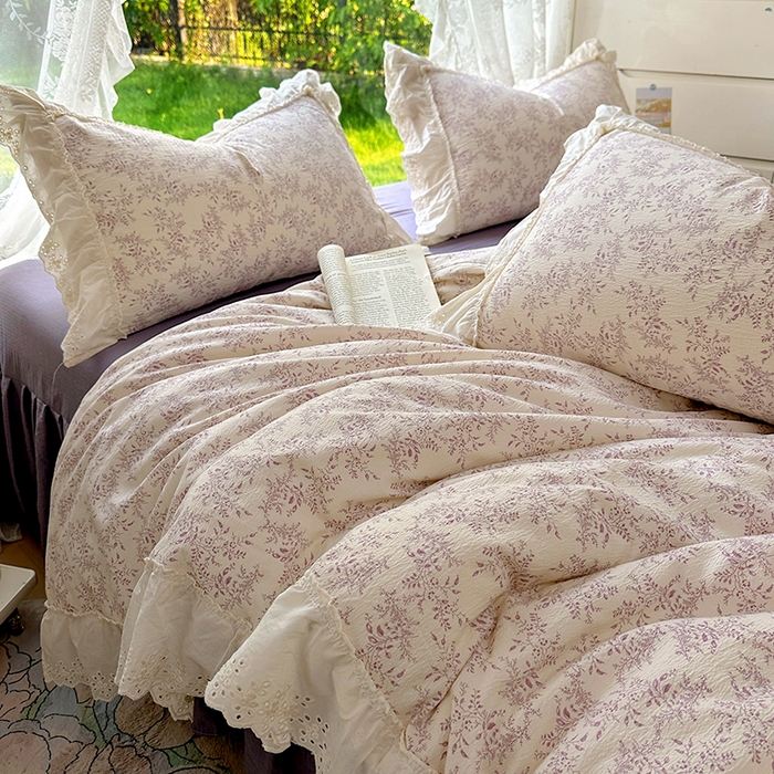 91家纺网 家纺一手货源 找家纺 仟网汇 2025新款皱皱纱花边床裙四件套多功能夏被夏凉被空调被四件套四季通用 风信紫