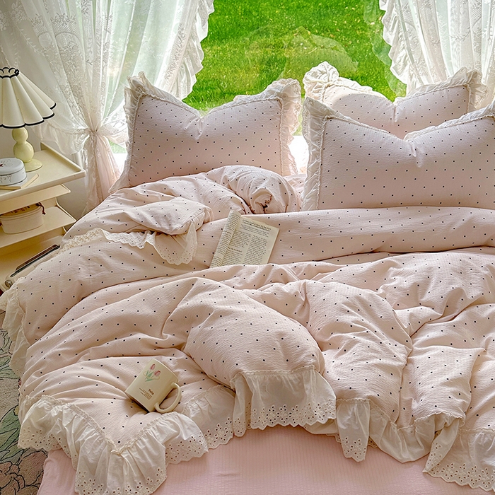 91家纺网 家纺一手货源 找家纺 仟网汇 2025新款皱皱纱花边床裙四件套多功能夏被夏凉被空调被四件套四季通用 甜美波点