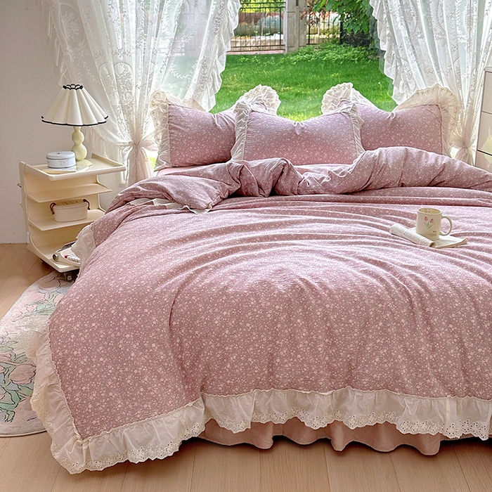 91家纺网 家纺一手货源 找家纺 仟网汇 2025新款皱皱纱花边床裙四件套多功能夏被夏凉被空调被四件套四季通用 樱花洛