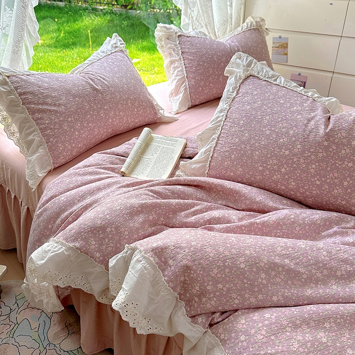 91家纺网 家纺一手货源 找家纺 仟网汇 2025新款皱皱纱花边床裙四件套多功能夏被夏凉被空调被四件套四季通用 樱花洛