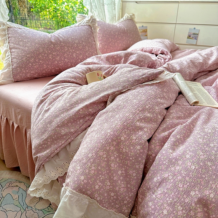 91家纺网 家纺一手货源 找家纺 仟网汇 2025新款皱皱纱花边床裙四件套多功能夏被夏凉被空调被四件套四季通用 樱花洛