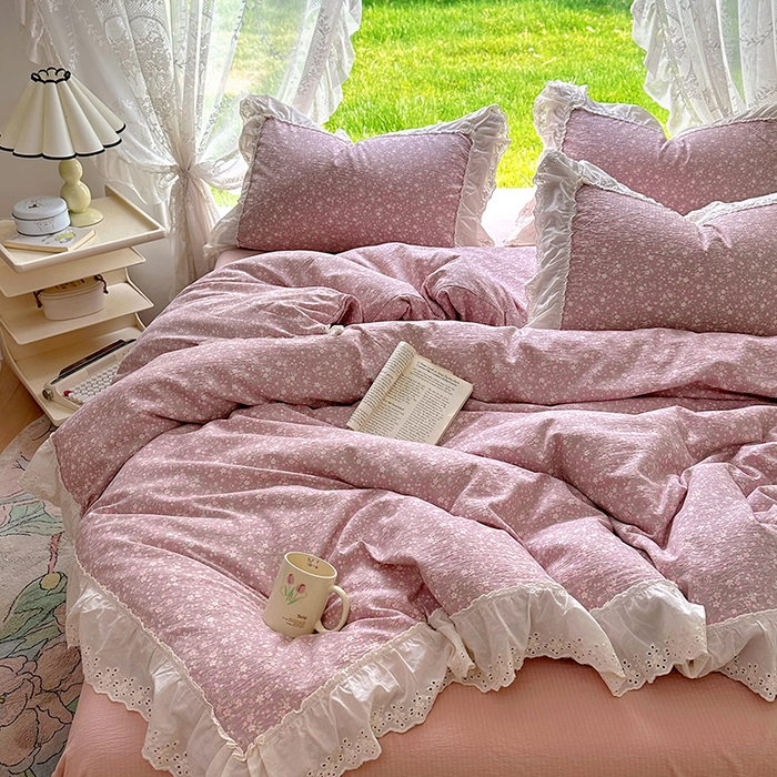 91家纺网 家纺一手货源 找家纺 仟网汇 2025新款皱皱纱花边床裙四件套多功能夏被夏凉被空调被四件套四季通用 樱花洛