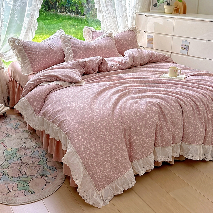 91家纺网 家纺一手货源 找家纺 仟网汇 2025新款皱皱纱花边床裙四件套多功能夏被夏凉被空调被四件套四季通用 樱花洛