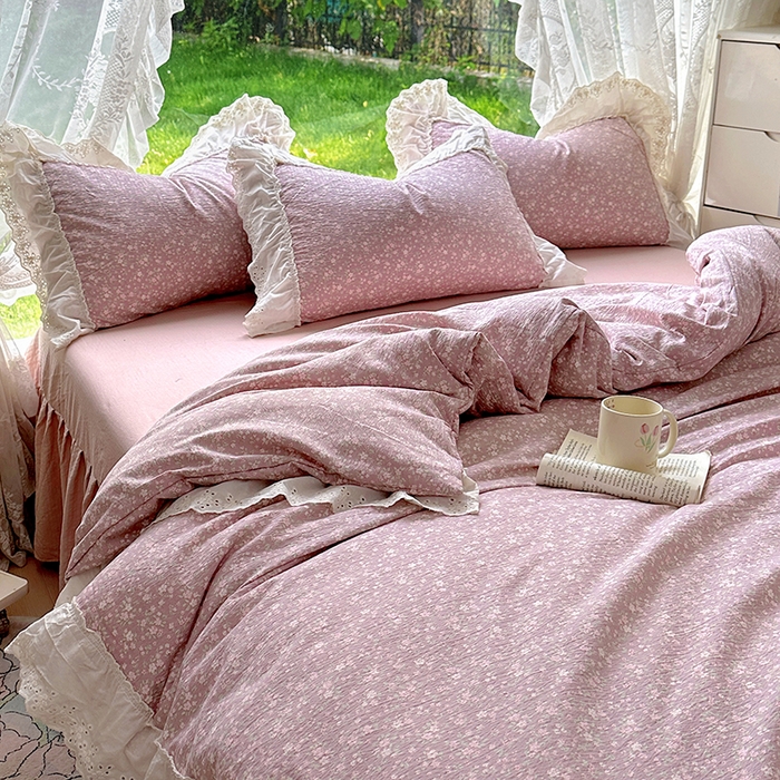 91家纺网 家纺一手货源 找家纺 仟网汇 2025新款皱皱纱花边床裙四件套多功能夏被夏凉被空调被四件套四季通用 樱花洛