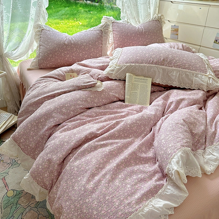 91家纺网 家纺一手货源 找家纺 仟网汇 2025新款皱皱纱花边床裙四件套多功能夏被夏凉被空调被四件套四季通用 樱花洛