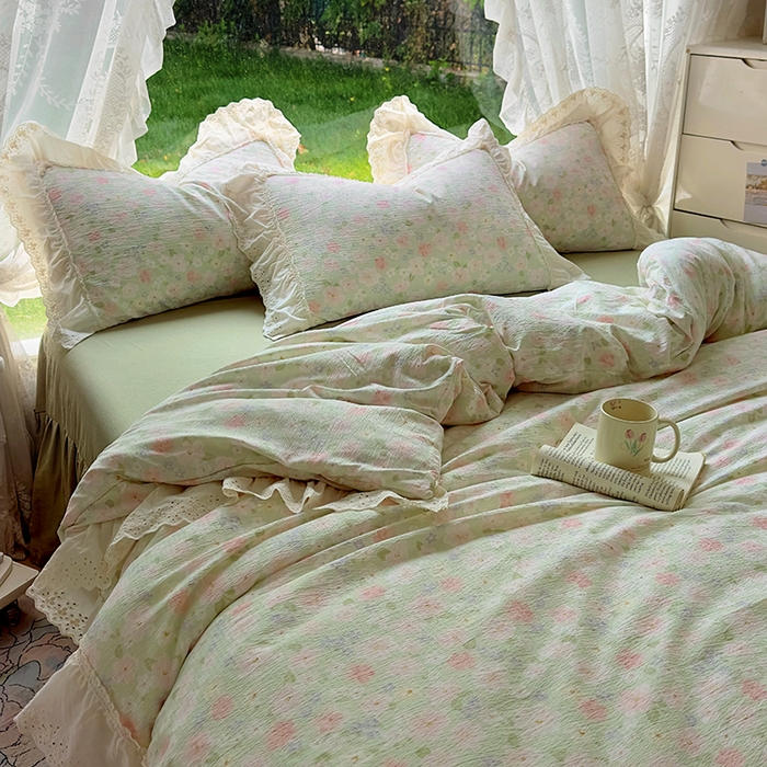 91家纺网 家纺一手货源 找家纺 仟网汇 2025新款皱皱纱花边床裙四件套多功能夏被夏凉被空调被四件套四季通用 半夏