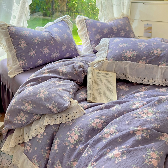 91家纺网 家纺一手货源 找家纺 仟网汇 2025新款皱皱纱花边床裙四件套多功能夏被夏凉被空调被四件套四季通用 丁香紫