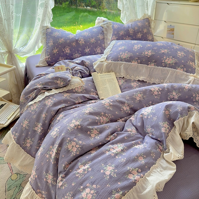 91家纺网 家纺一手货源 找家纺 仟网汇 2025新款皱皱纱花边床裙四件套多功能夏被夏凉被空调被四件套四季通用 丁香紫