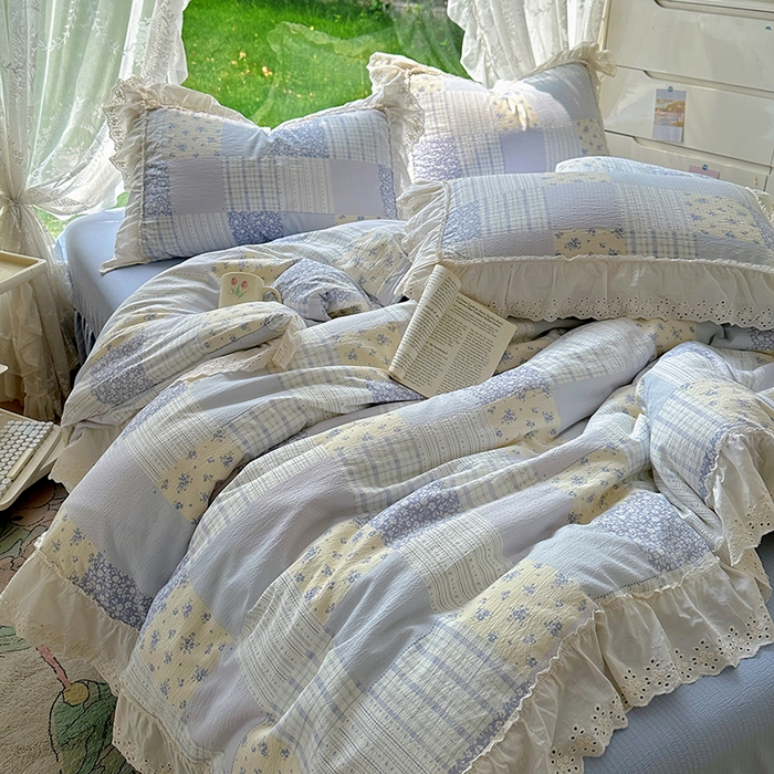 91家纺网 家纺一手货源 找家纺 仟网汇 2025新款皱皱纱花边床裙四件套多功能夏被夏凉被空调被四件套四季通用 奶蓝方块