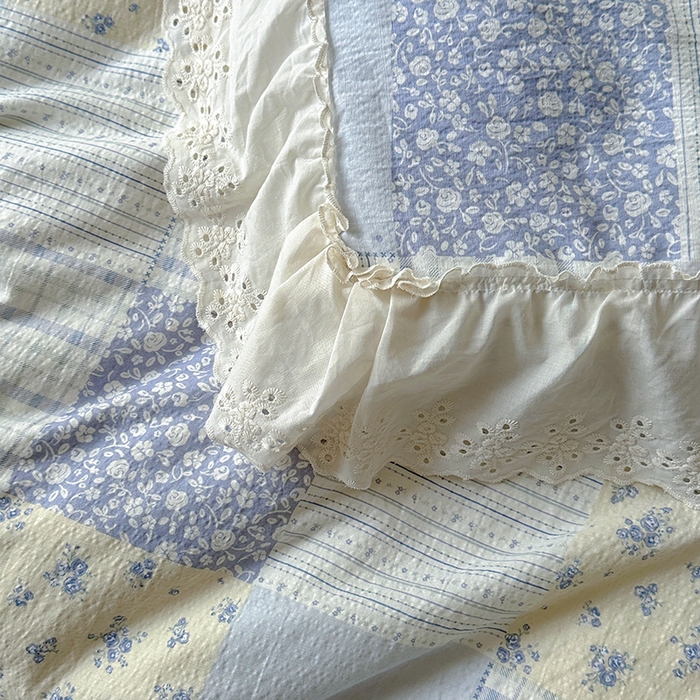 91家纺网 家纺一手货源 找家纺 仟网汇 2025新款皱皱纱花边床裙四件套多功能夏被夏凉被空调被四件套四季通用 奶蓝方块