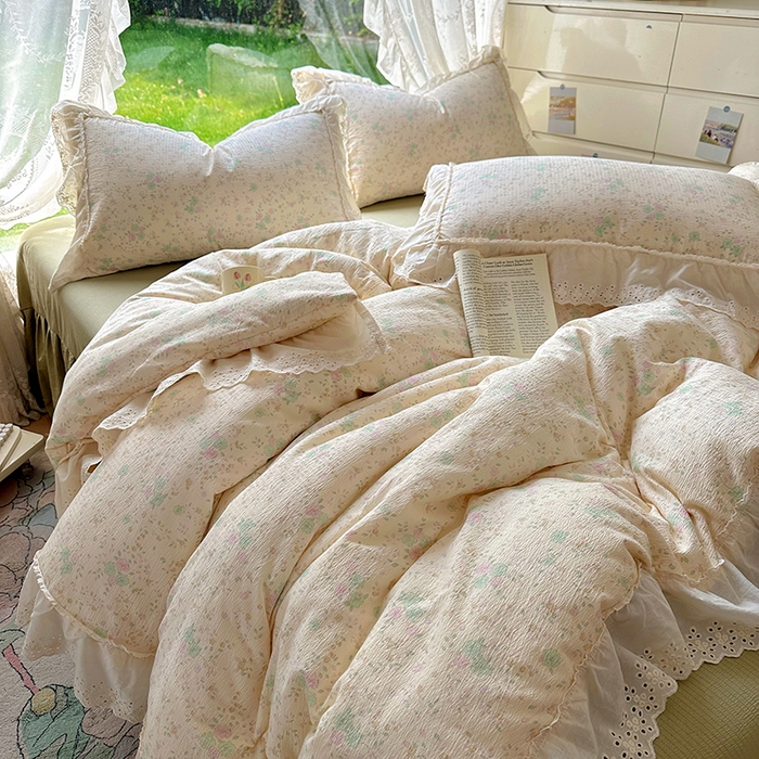 91家纺网 家纺一手货源 找家纺 仟网汇 2025新款皱皱纱花边床裙四件套多功能夏被夏凉被空调被四件套四季通用 苏打薄荷
