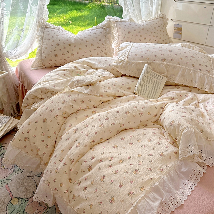 91家纺网 家纺一手货源 找家纺 仟网汇 2025新款皱皱纱花边床裙四件套多功能夏被夏凉被空调被四件套四季通用 小春日和