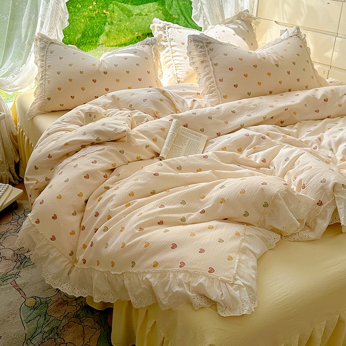 91家纺网 家纺一手货源 找家纺 仟网汇 2025新款皱皱纱花边床裙四件套多功能夏被夏凉被空调被四件套四季通用 心心相印