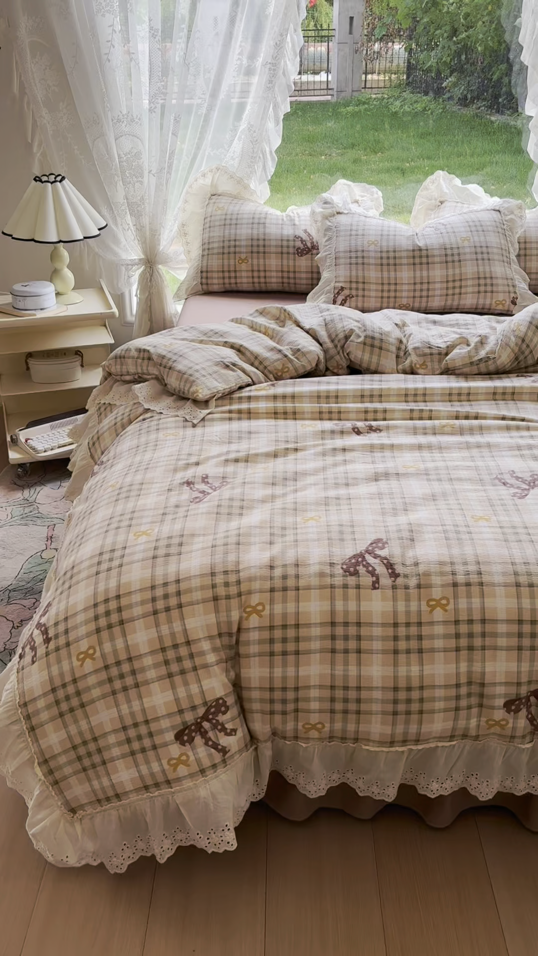 91家纺网 家纺一手货源 找家纺 仟网汇 2025新款皱皱纱花边床裙四件套多功能夏被夏凉被空调被四件套四季通用 可可甜心